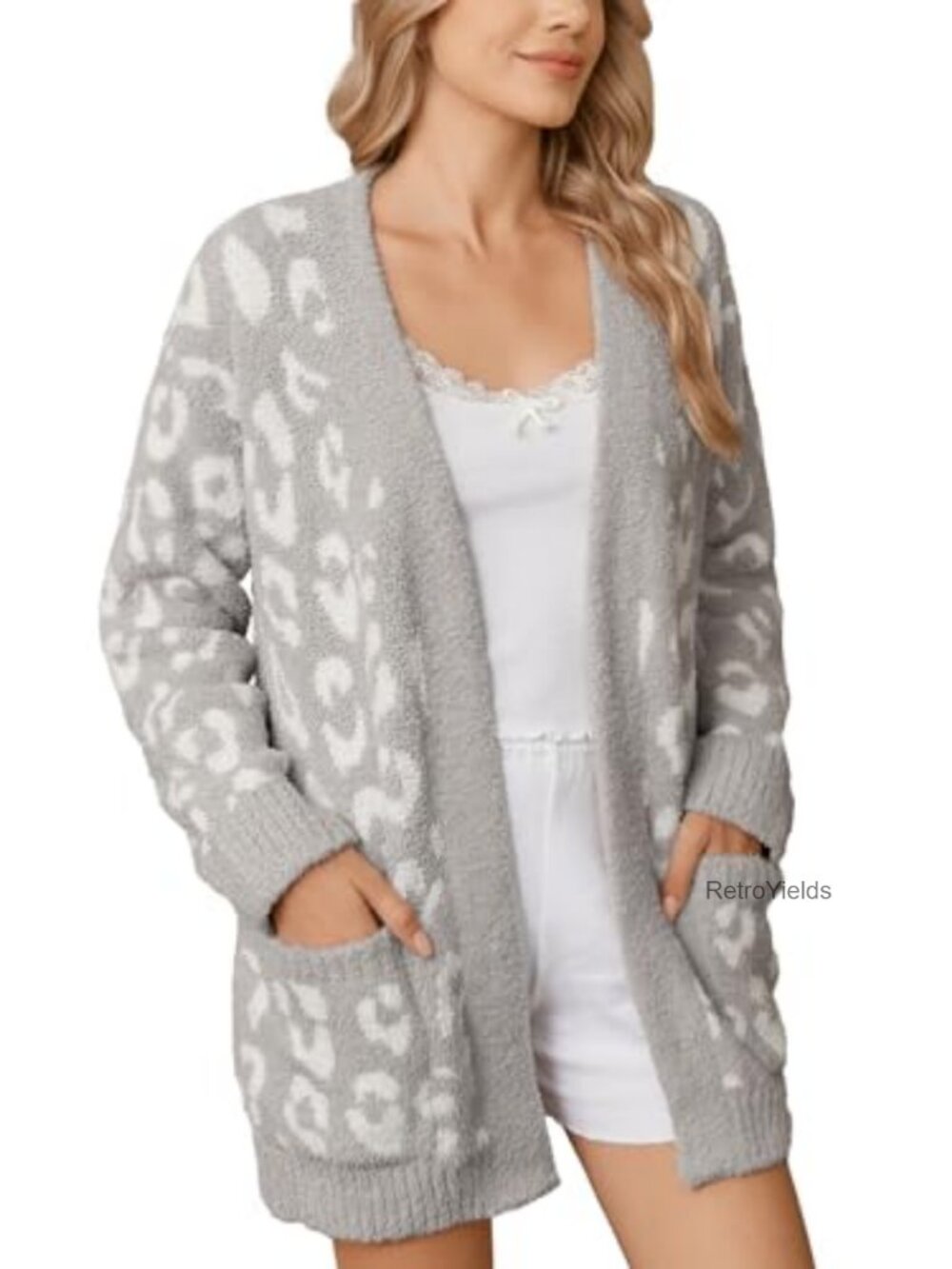 Women's Leopard Cardigan Sweater with Pockets Long Sleeve Open Front